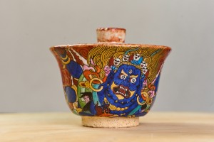 Гайвань #768, "Махакала в золотом пламени", 160 мл., черепок сабони (огнеупорная глина), дровяной обжиг, Гайвани